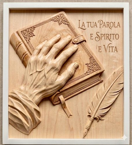 Geist und Leben Holzschnitzerei: Hand auf der Bibel mit Feder.