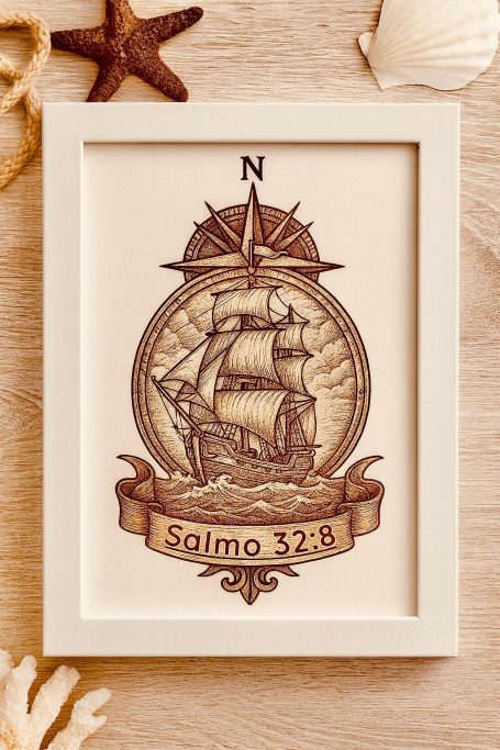 Der Wegweiser Gottes. Holzschnitzerei eines Schiffes mit Kompassrose nach Psalm 32:8.