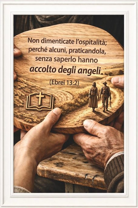 Gastfreundschaft (Hebräer 13,2). Holzrelief mit Darstellung von Gastfreundschaft und Bibelvers (Hebräer 13,2).