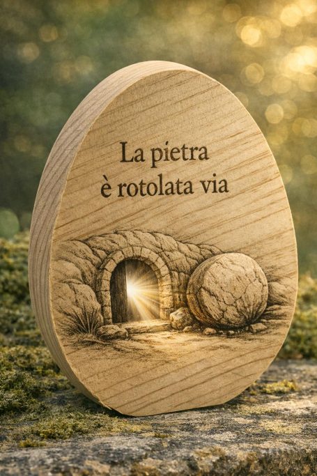 Die leere Grabstätte. Holzschnitzerei des leeren Grabes mit der Inschrift: La pietra è rotolata via.