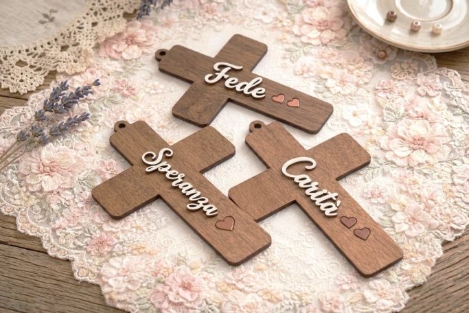 Glaube, Liebe, Hoffnung Drei Holzkreuze mit den Inschriften Fede, Speranza und Carità.