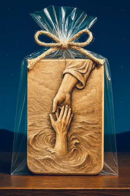 Rettende Hand. Holzschnitzerei: Die rettende Hand Gottes.