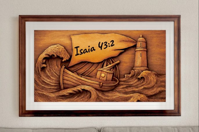 Ich bin bei dir Holzschnitzerei: Schiff im Sturm nach Jesaja 43,2.