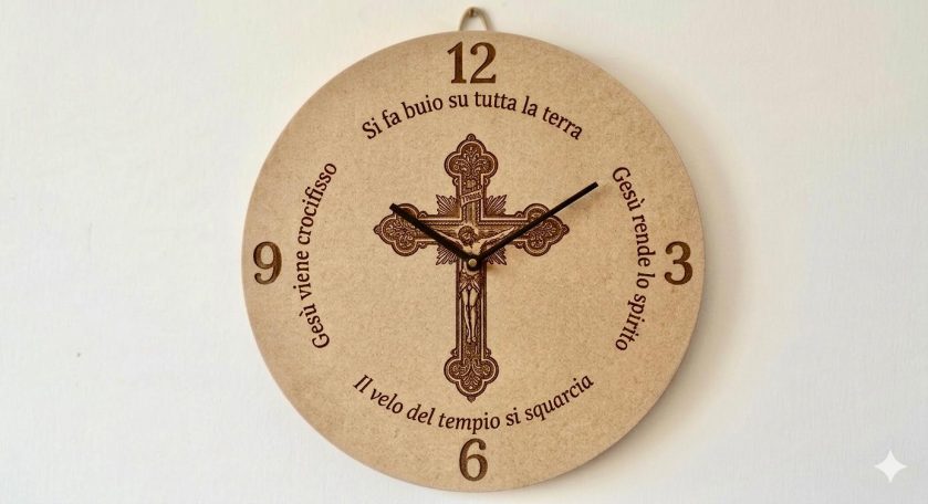 Die Stunde der Erlösung Holzuhr mit Kreuzmotiv und Momenten der Passion Jesu.